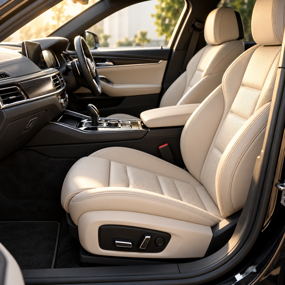 Immaculate ivory leather car interior in warm natural light