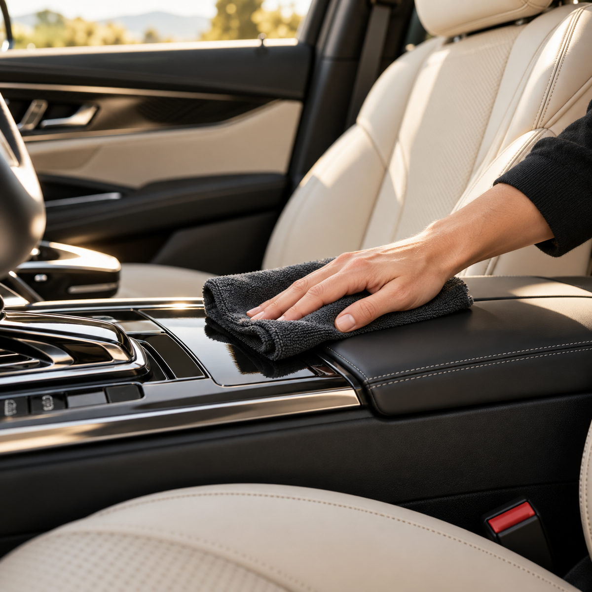 Detailing a car centre console with a microfiber cloth