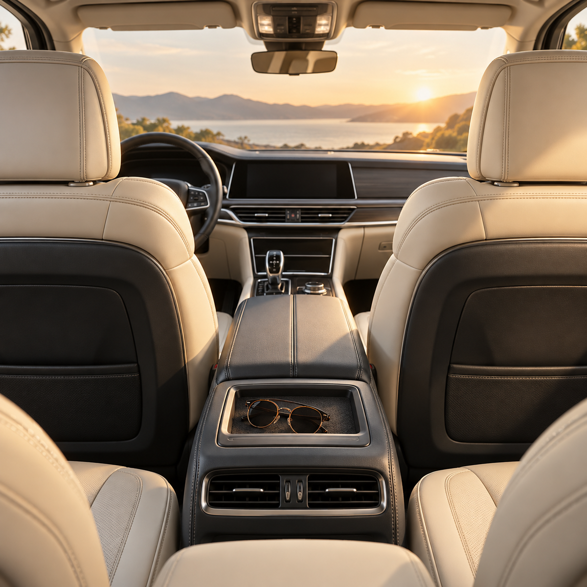 Tidy ivory leather car interior overlooking a golden coastal sunset